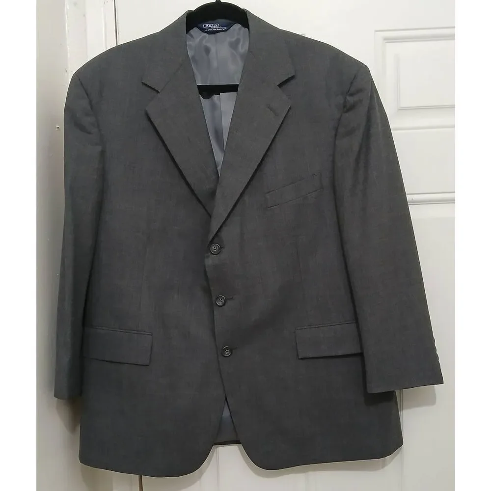Vintage polo ralph lauren mens 44 Short blazer virgin wool 38S pants suit gray